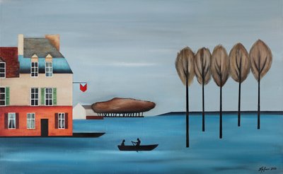 Dorpsroeiboot aan het water door Alexander Trifonov