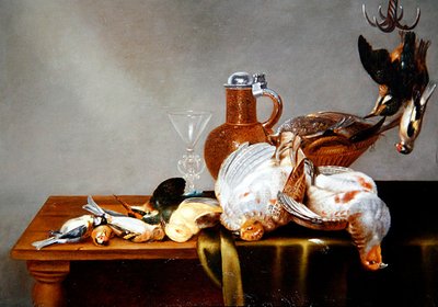 Een stilleven van dood wild met patrijzen en andere vogels door Alexander van Adriaenssen