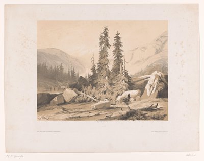 Berglandschap met sparren en berggeiten door Alexandre Calame