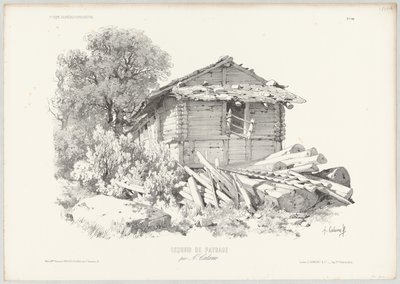 Blokhut met liggende boomstammen op de voorgrond door Alexandre Calame