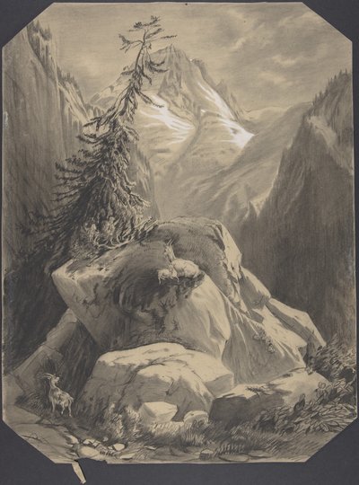 Drie geiten in een bergachtig landschap door Alexandre Calame