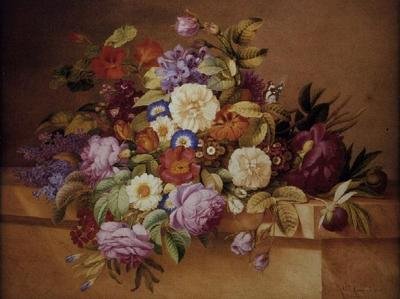Rozen, winde en andere bloemen op een richel door Alexandre Couronne