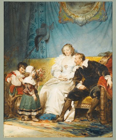 Rubens en Hélène Fourment zittend met Frans die een brief vasthoudt en Isabelle Hélène die hen een boeket rozen geeft door Alexandre Evariste Fragonard
