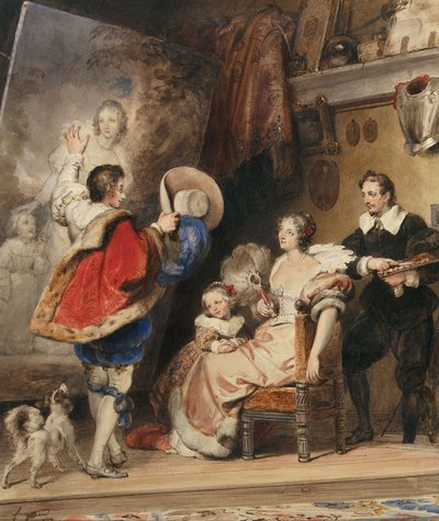 Jonge man bewondert een portret van een dame en haar kleine dochter door Alexandre Evariste Fragonard