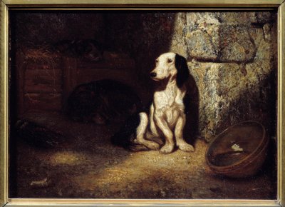Zwart-witte bassethond in de kennel. Aan de zijkant een kom gevuld met water door Alexandre Gabriel Decamps