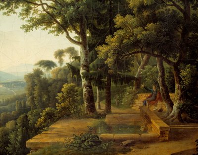 De filosoof Jean Jacques Rousseau mediterend in 1770 in het Parc de la Rochecordon nabij Lyon (detail) door Alexandre Hyacinthe Dunouy