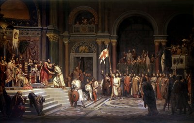 Godfried van Bouillon ontvangen door Alexis Comnene, keizer van Constantinopel, in 1097, tijdens de verdediging van de stad tegen de Turken tijdens de 1e Kruistocht in 1096-1099 door Alexandre Jean Baptiste Hesse