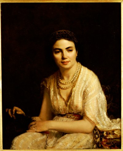 Portret van een Vrouw met een Parelketting en een Waaier door Alexei Alexevich Harlamoff