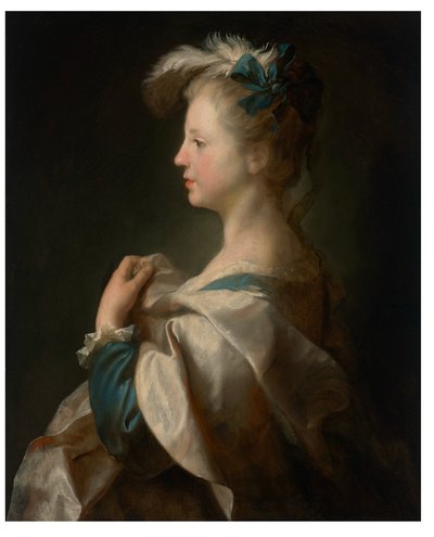 Portret van een meisje, halflang, in profiel in mooie kleding door Alexis Grimou