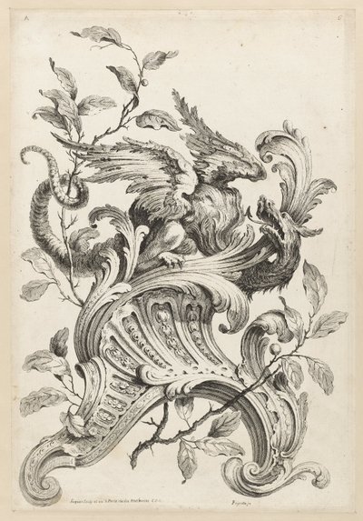 Gevleugelde griffioen op een rocaille console, uit Premiere Partie Diverse Ornements door Alexis Peyrotte