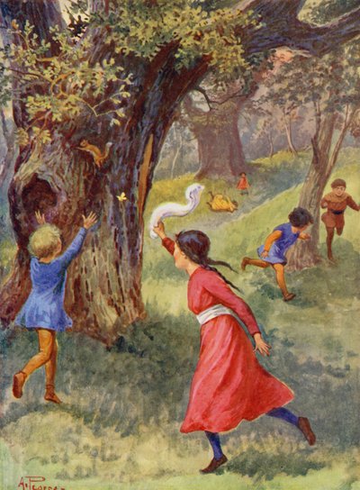 Vrolijk Engeland: Kinderen spelen in Sherwood Forest door Alfred (after) Pearse