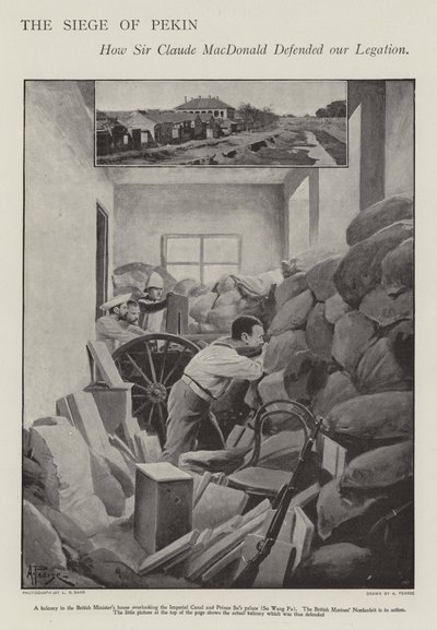 De verdediging van de belegerde Britse Legatie in Peking tijdens de Bokseropstand (litho) door Alfred (after) Pearse