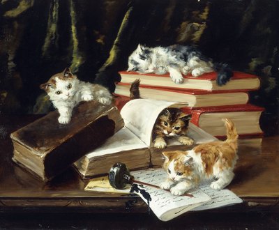 Kittens Spelen op Bureau door Alfred Brunel de Neuville