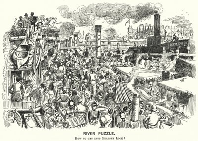 Punch cartoon: Congestie op de rivier de Theems bij Molesey Lock, Surrey (gravure) door Alfred Chantrey Corbould