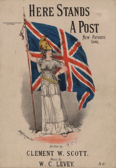 Hier staat een paal, nieuw patriottisch lied - Britannia met de Union Jack (kleur litho) door Alfred Concanen
