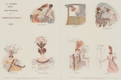 Facsimiles van originele aquarellen, ontworpen om de mode in vrouwelijke hoofdtooien van het jaar 1828 te satiriseren door Alfred Edward Chalon