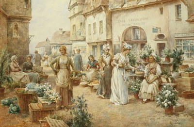 Een bloemenmarkt, Frankrijk, 1900 door Alfred Glendening