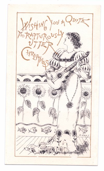 Victoriaanse wenskaart van een esthetische die viool speelt, ca. 1881 door Alfred Gray