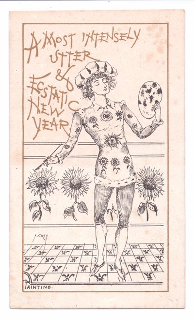 Victoriaanse nieuwjaarskaart van een esthetische kunstenaar die schildert, ca. 1881 door Alfred Gray