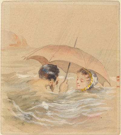 Mannelijke en Vrouwelijke Baders met Paraplu door Alfred Grevin