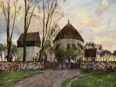 Denemarken: Bornholm, Osterlars Kerk (kleur litho) door Alfred Heaton Cooper