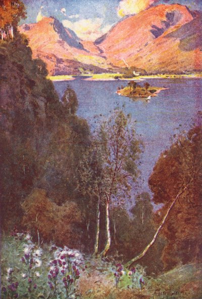 Lake District: Een glimp van Grasmere, avondzon door Alfred Heaton Cooper
