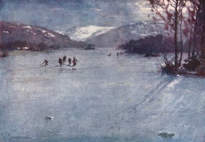 Lake District: Bij de veerboot, Windermere, schaatsen bij maanlicht door Alfred Heaton Cooper