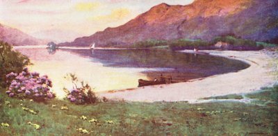 Lake District: Ullswater, de Zilveren Strand, nagloed door Alfred Heaton Cooper