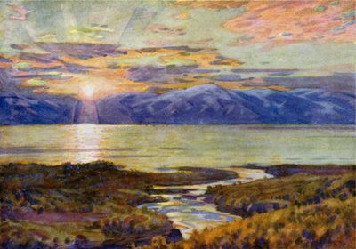 Middernachtzon over het meer Torne Trask, vanuit Abisko door Alfred Heaton Cooper