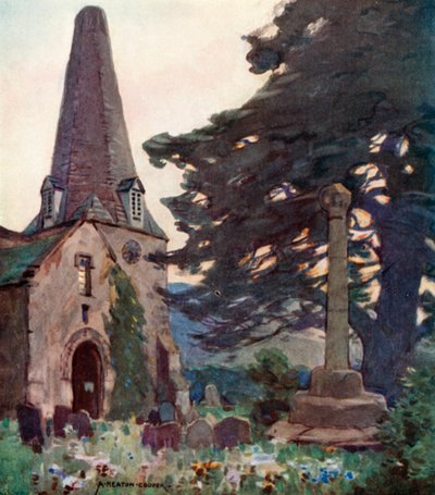Porlock Kerk en Kruis (kleur litho) door Alfred Heaton Cooper