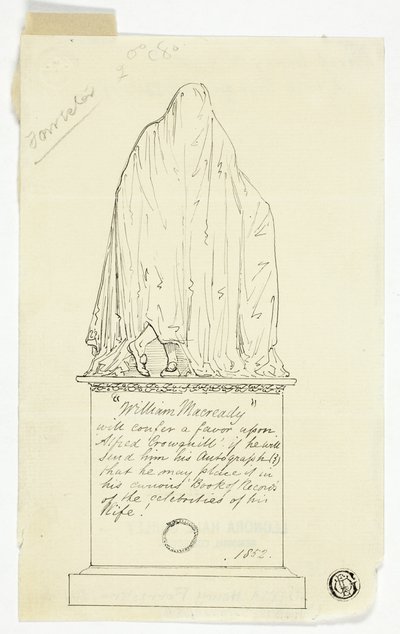 Bezoekkaart met gedrapeerd monument, opschrift kunstenaar door Alfred Henry Forrester