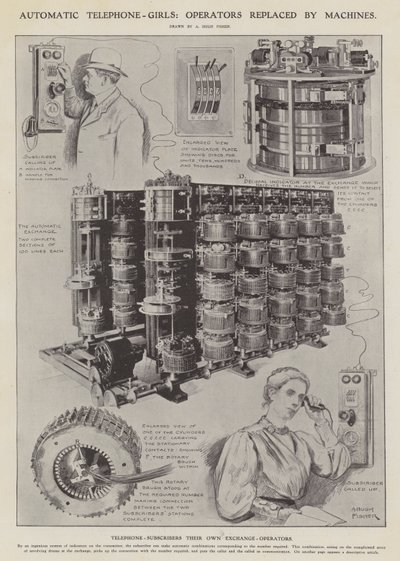Automatische telefoonmeisjes: operators vervangen door machines (litho) door Alfred Hugh Fisher