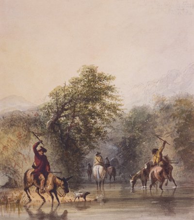 Een pad banen om aan Indianen te ontsnappen, ca. 1837 door Alfred Jacob Miller