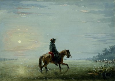 De rivier oversteken – Een pelsjager peilt de diepte door Alfred Jacob Miller