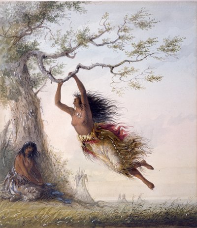Indiaanse meisjes op een schommel door Alfred Jacob Miller