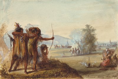 Indianen die hun bogen testen, ca. 1858 door Alfred Jacob Miller