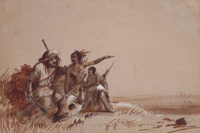 Kansas Indiaan vertelt een jager door middel van tekens over de migratie van buffels, c.1837 door Alfred Jacob Miller