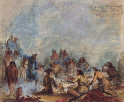 Zonsopgang, Trappers en Reizigers bij hun Maaltijd van Buffelrib, c.1837 door Alfred Jacob Miller