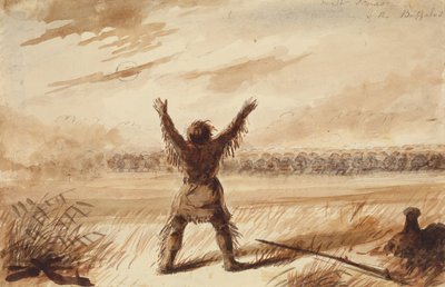 Trapper Verstoord in Rust door een Kudde Buffels, c.1837 door Alfred Jacob Miller