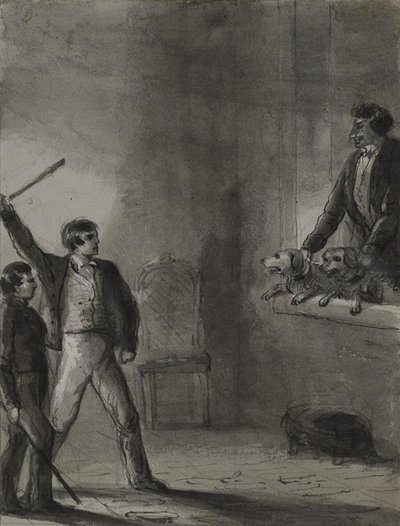 Twee jongens met opgeheven stokken terwijl een man en honden uit een raam kijken door Alfred Jacob Miller