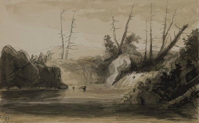 Gezicht op een waterval en een klein meer door Alfred Jacob Miller