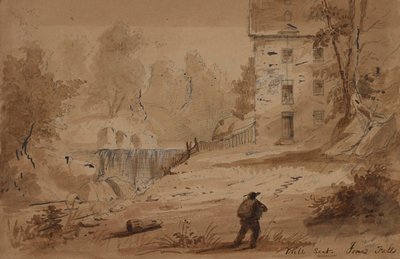Uitzicht op een huis en watervallen door Alfred Jacob Miller