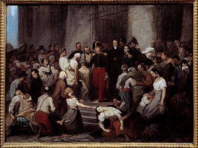De hertog van Orléans bezoekt de zieken van het Hôtel-Dieu tijdens de cholera-epidemie door Alfred Johannot