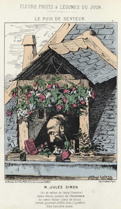 Le Peas de Fragreur: karikatuur over Jules Simon (1814 - 1896) - ill. van 12/01/187 in “Bloemen, Fruit en Groenten van de Dag” door Alfred Le Petit