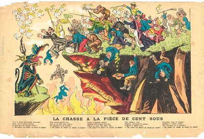 Vliegend blad, Satirisch in kleuren, circa 1878: Jacht op een honderd sub stuk - Zilver - Duivel, Priesters Illustratie door Alfred Le Petit door Alfred Le Petit