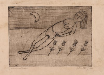 Halve maan, bloemen en vrouwelijk naakt (ets en aquatint op papier) door Alfred Lomnitz