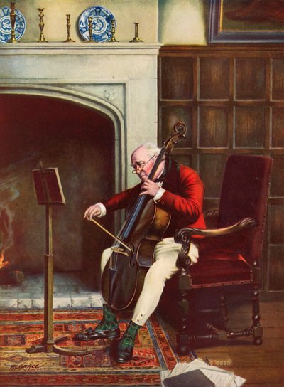 Een Moeilijke Passage - man die de cello oefent voor het vuur door Alfred Lyndon Grace