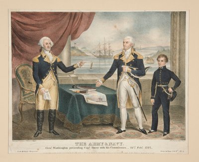 Het Leger & de Marine, Genl. Washington presenteert Kapitein Barry zijn Commissie door Alfred M. Hoffy