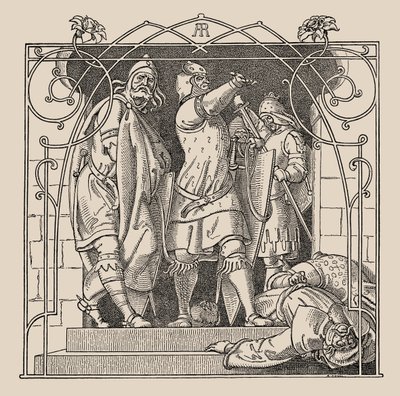 Die Nibelungen. Hoe ze de doden uit de hal gooiden, 1840-1841 door Alfred Rethel