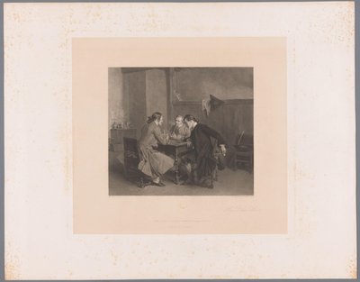 Interieur met drie rokende mannen aan een tafel door Alfred Revel
